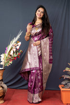 Monjolika Fashion Wine Banarasi Silk Blend Saree With Zari Border & Woven Pallu | Grocsy