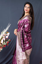 Monjolika Fashion Wine Banarasi Silk Blend Saree With Zari Border & Woven Pallu | Grocsy