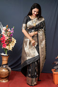 Monjolika Fashion Black Banarasi Silk Blend Saree With Zari Border & Woven Pallu | Grocsy