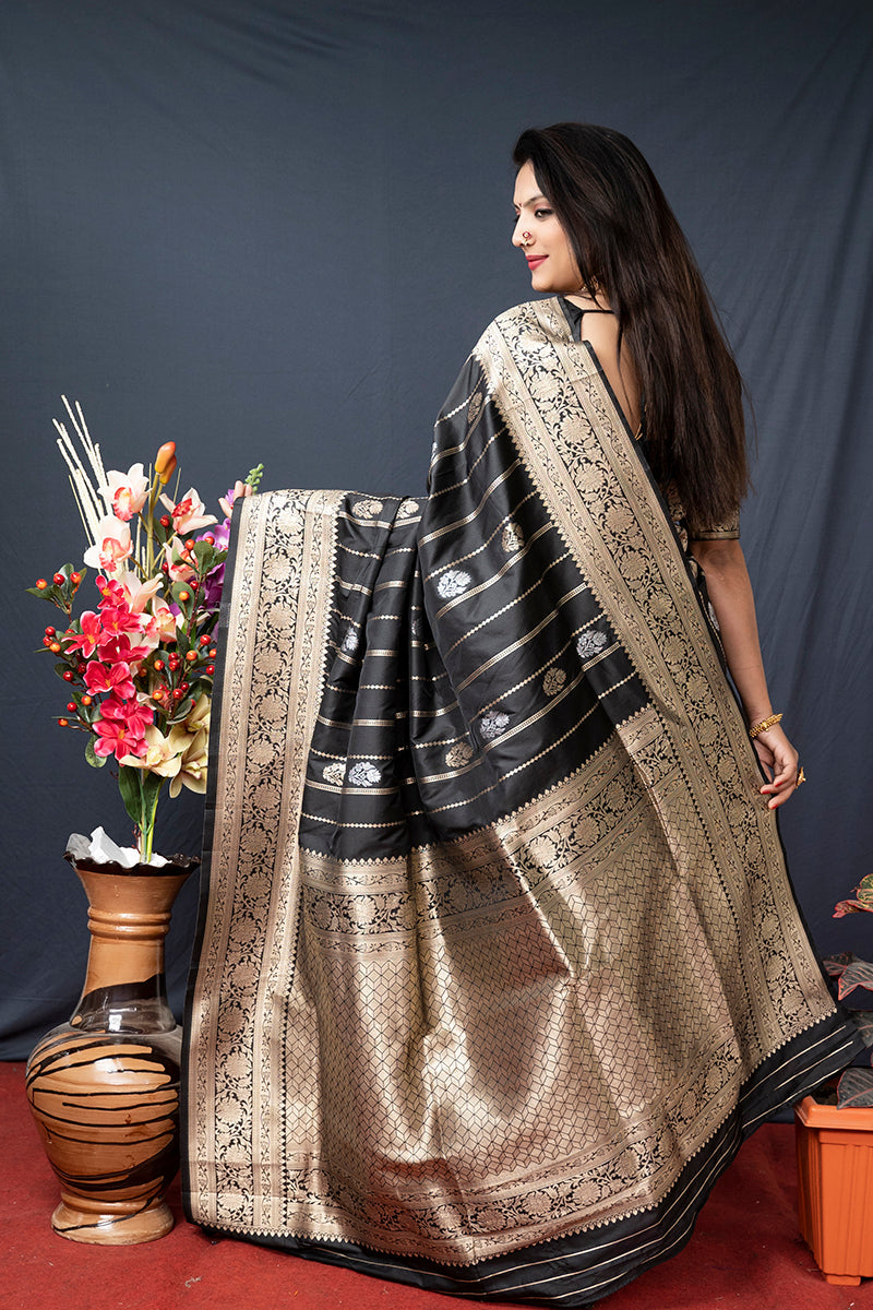Monjolika Fashion Black Banarasi Silk Blend Saree With Zari Border & Woven Pallu | Grocsy