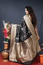 Monjolika Fashion Black Banarasi Silk Blend Saree With Zari Border & Woven Pallu | Grocsy