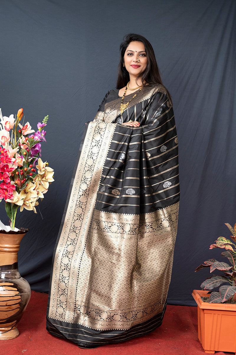 Monjolika Fashion Black Banarasi Silk Blend Saree With Zari Border & Woven Pallu | Grocsy