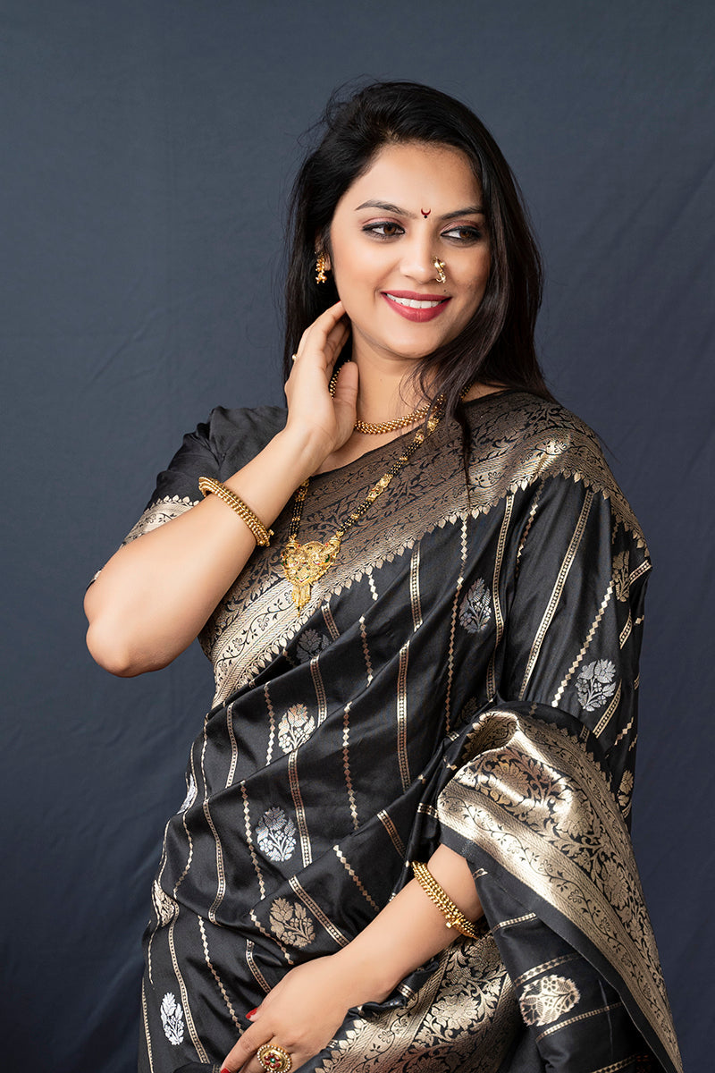 Monjolika Fashion Black Banarasi Silk Blend Saree With Zari Border & Woven Pallu | Grocsy