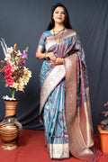 Monjolika Fashion Grey Banarasi Silk Blend Saree With Zari Border & Woven Pallu | Grocsy