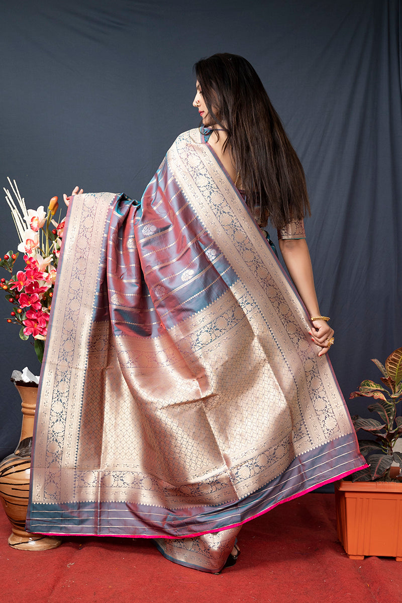 Monjolika Fashion Grey Banarasi Silk Blend Saree With Zari Border & Woven Pallu | Grocsy