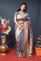 Monjolika Fashion Grey Banarasi Silk Blend Saree With Zari Border & Woven Pallu | Grocsy