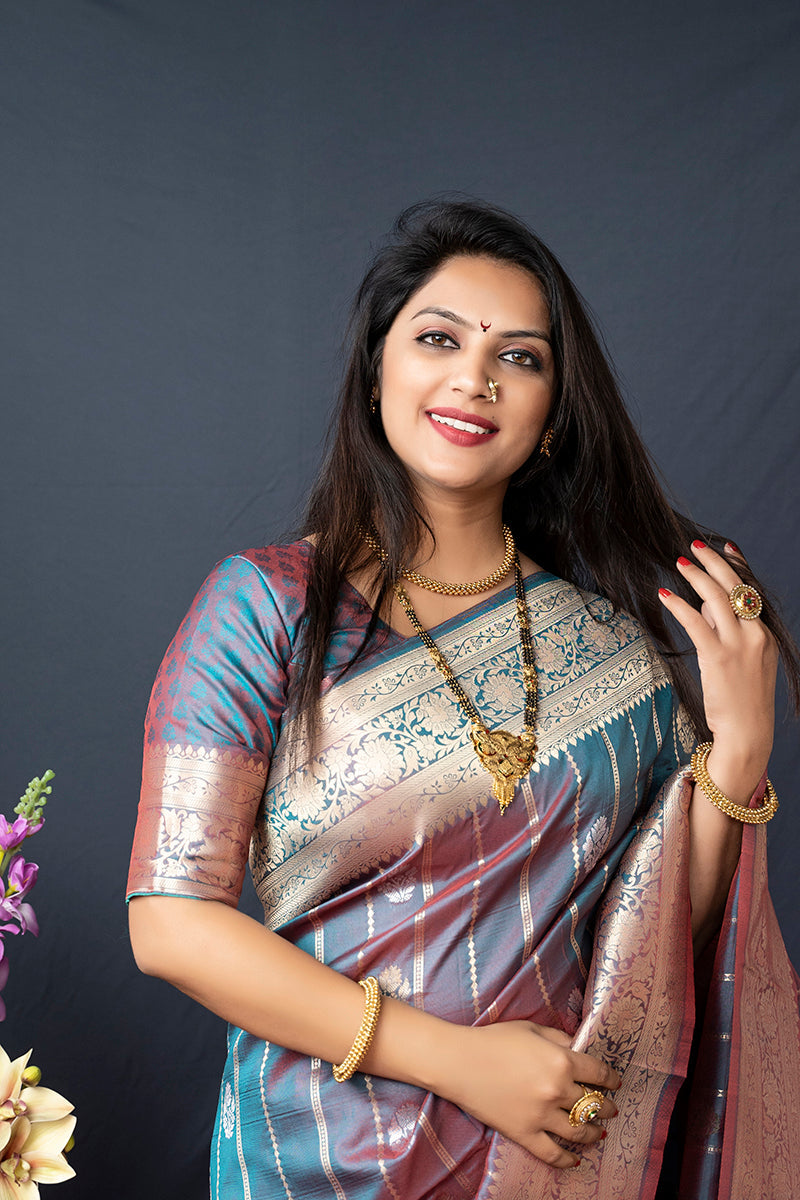 Monjolika Fashion Grey Banarasi Silk Blend Saree With Zari Border & Woven Pallu | Grocsy
