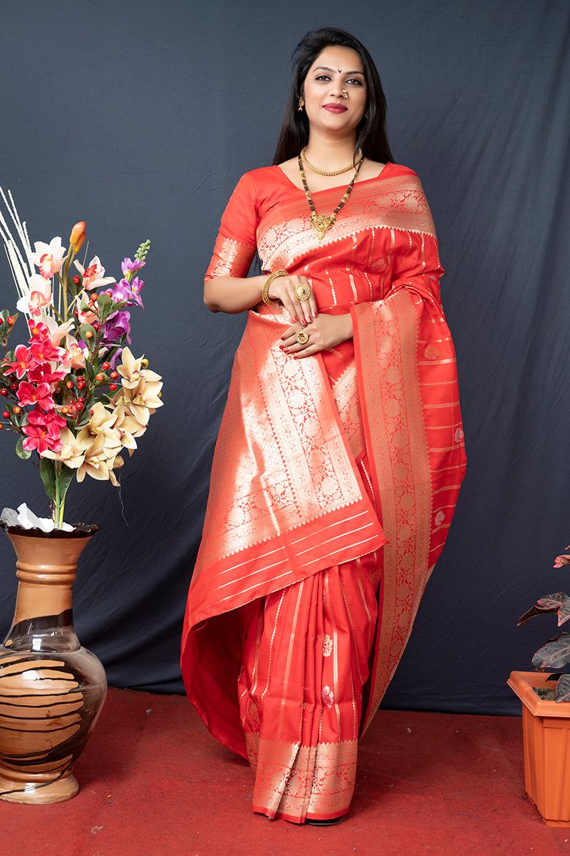 Monjolika Fashion Red Banarasi Silk Blend Saree With Zari Border & Woven Pallu | Grocsy
