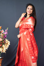 Monjolika Fashion Red Banarasi Silk Blend Saree With Zari Border & Woven Pallu | Grocsy