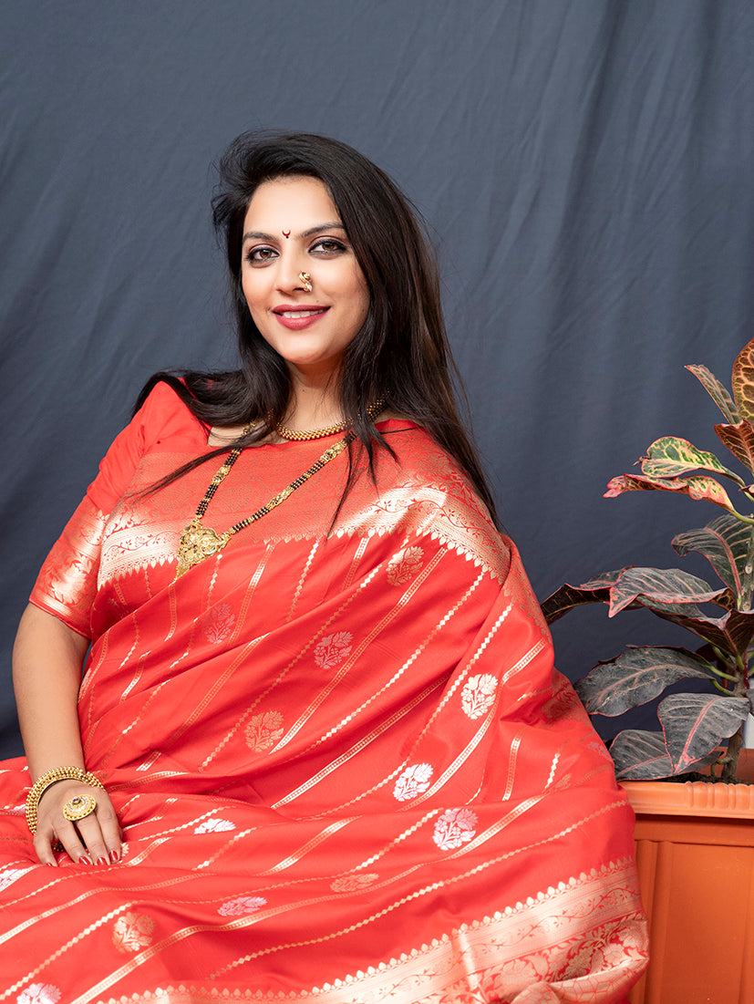 Monjolika Fashion Red Banarasi Silk Blend Saree With Zari Border & Woven Pallu | Grocsy
