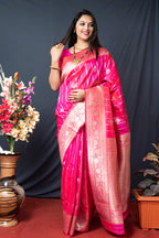 Monjolika Fashion Rani Pink Banarasi Silk Blend Saree With Zari Border & Woven Pallu | Grocsy