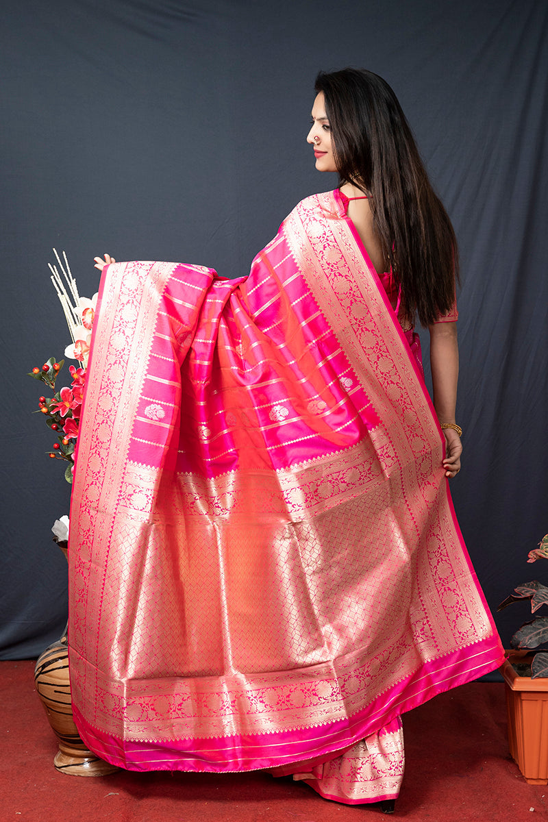 Monjolika Fashion Rani Pink Banarasi Silk Blend Saree With Zari Border & Woven Pallu | Grocsy