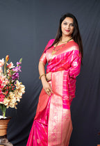 Monjolika Fashion Rani Pink Banarasi Silk Blend Saree With Zari Border & Woven Pallu | Grocsy