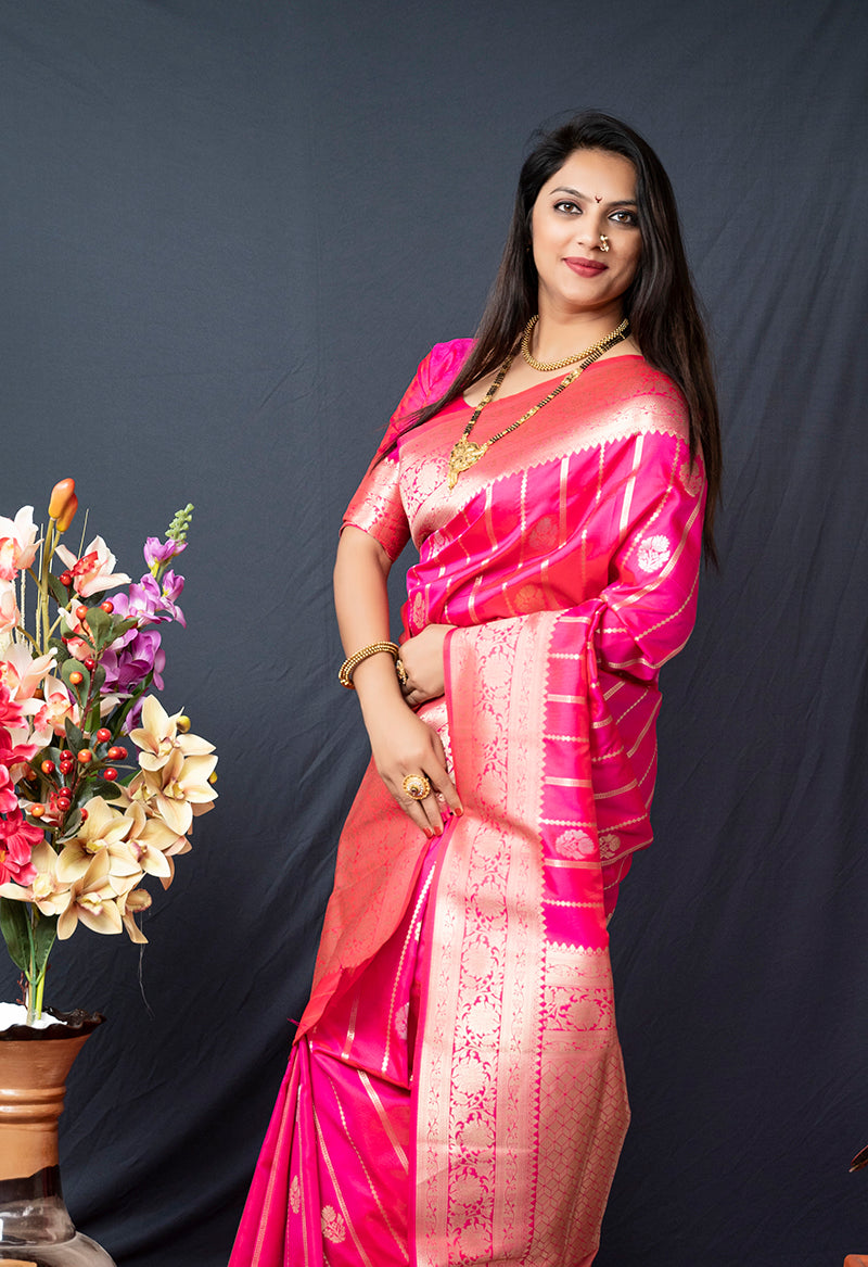 Monjolika Fashion Rani Pink Banarasi Silk Blend Saree With Zari Border & Woven Pallu | Grocsy