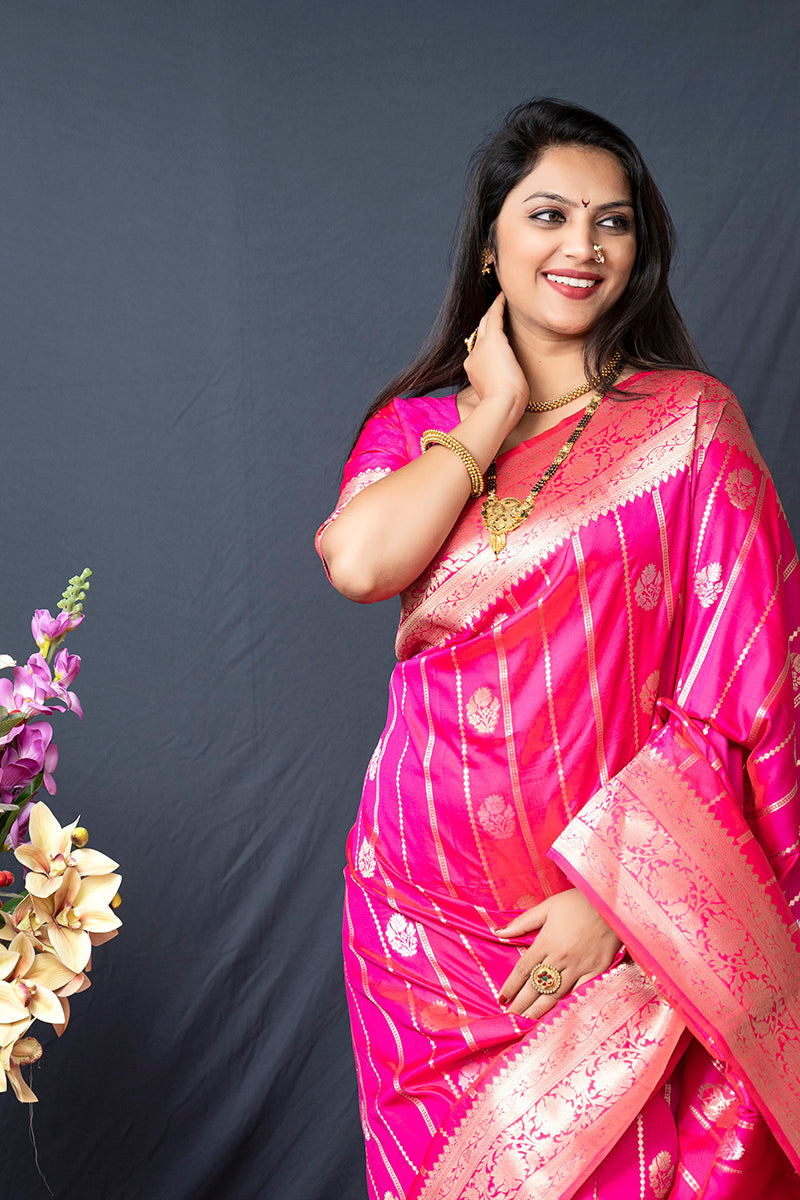 Monjolika Fashion Rani Pink Banarasi Silk Blend Saree With Zari Border & Woven Pallu | Grocsy