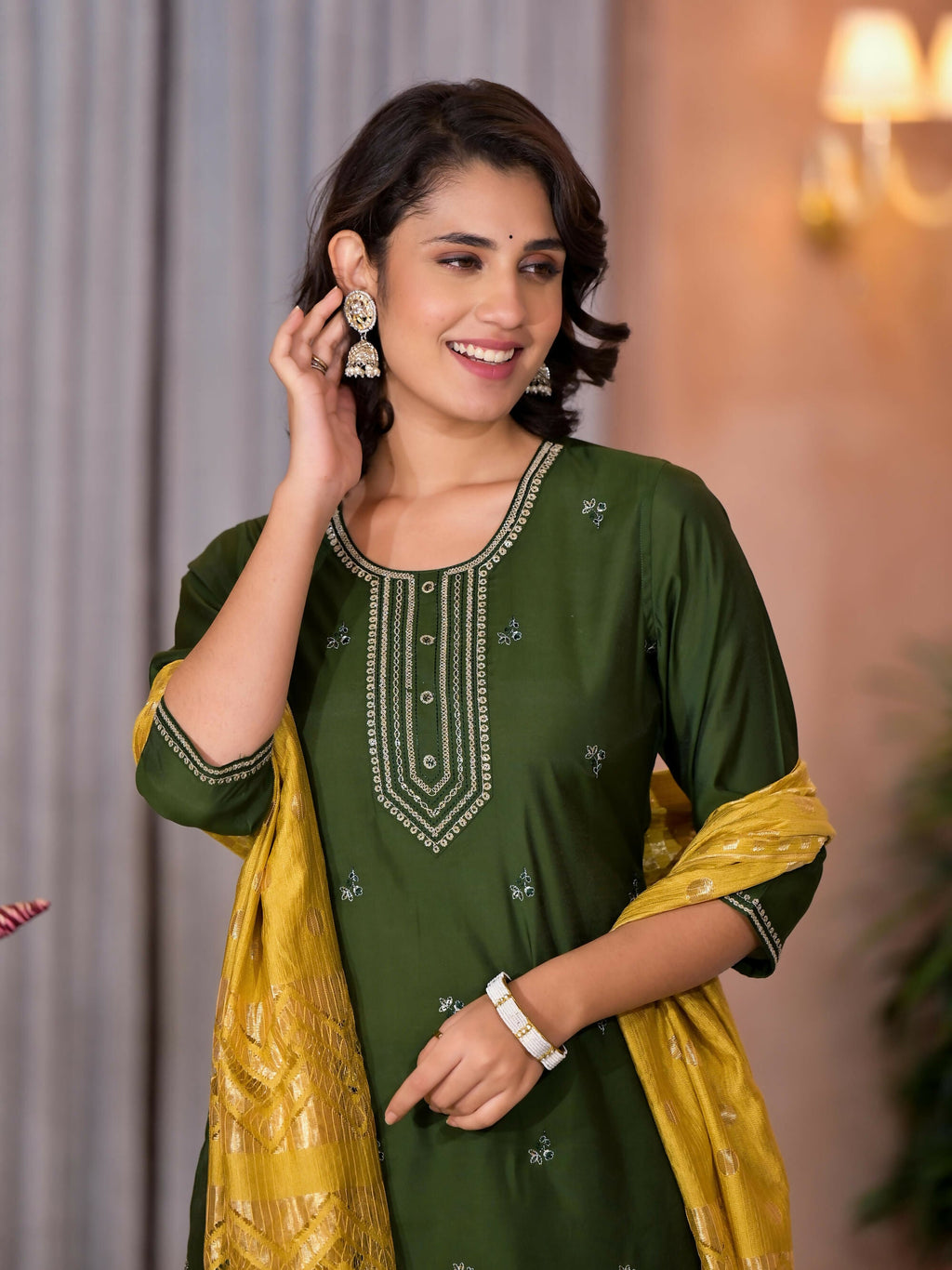 Juniper Women's Green Zari Embroidered Viscose Kurta Pant And Dupatta Set With Tassels On Dupatta | Grocsy