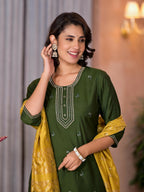 Juniper Women's Green Zari Embroidered Viscose Kurta Pant And Dupatta Set With Tassels On Dupatta | Grocsy