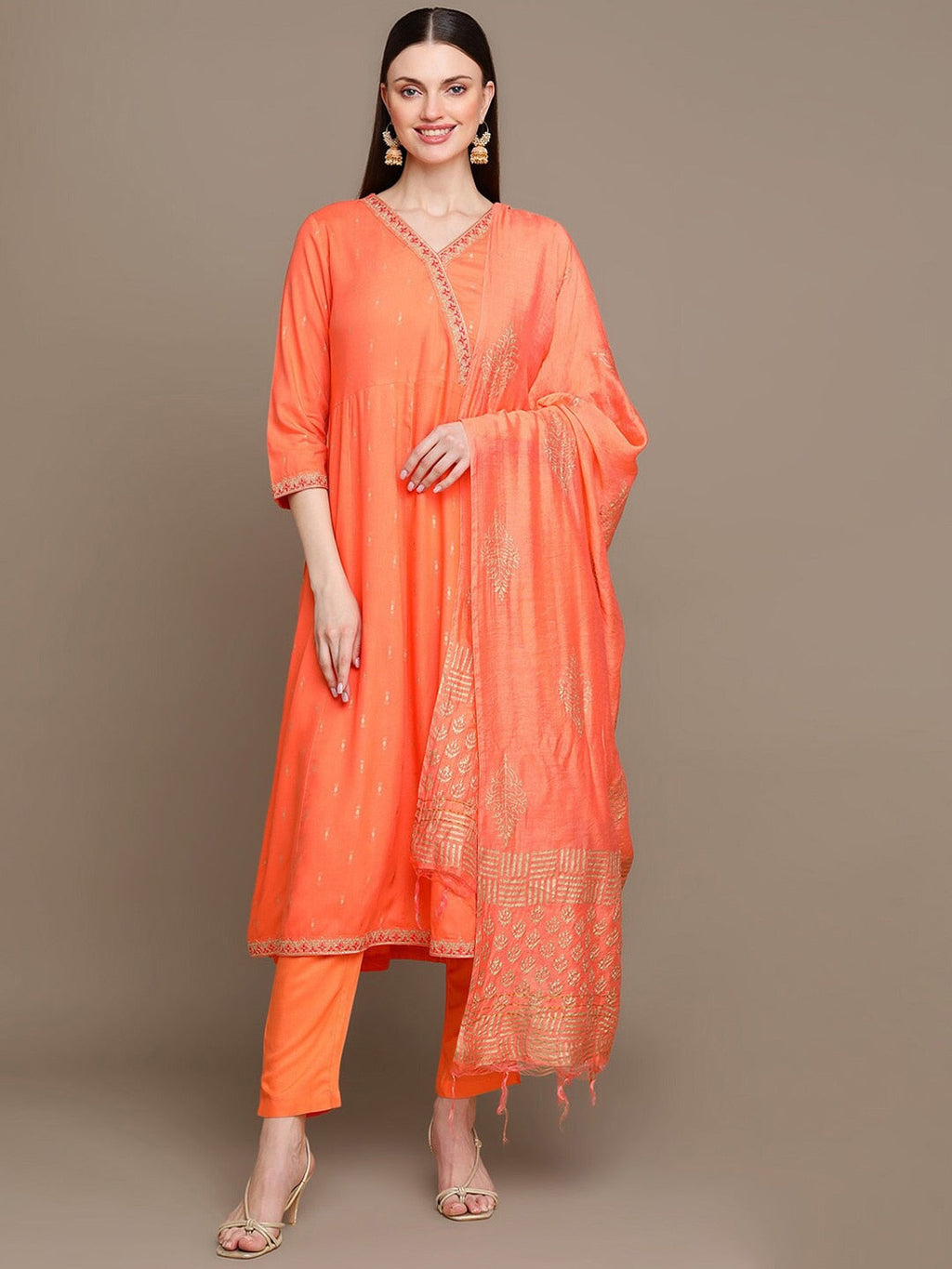 HERE&NOW Ethnic Motifs Printed Thread Work Angrakha Kurta with Palazzos & Dupatta | Grocsy
