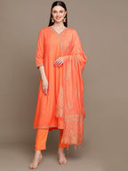HERE&NOW Ethnic Motifs Printed Thread Work Angrakha Kurta with Palazzos & Dupatta | Grocsy