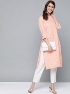 HERE&NOW Women Peach-Coloured & White Bandhani Print Straight Kurta | Grocsy