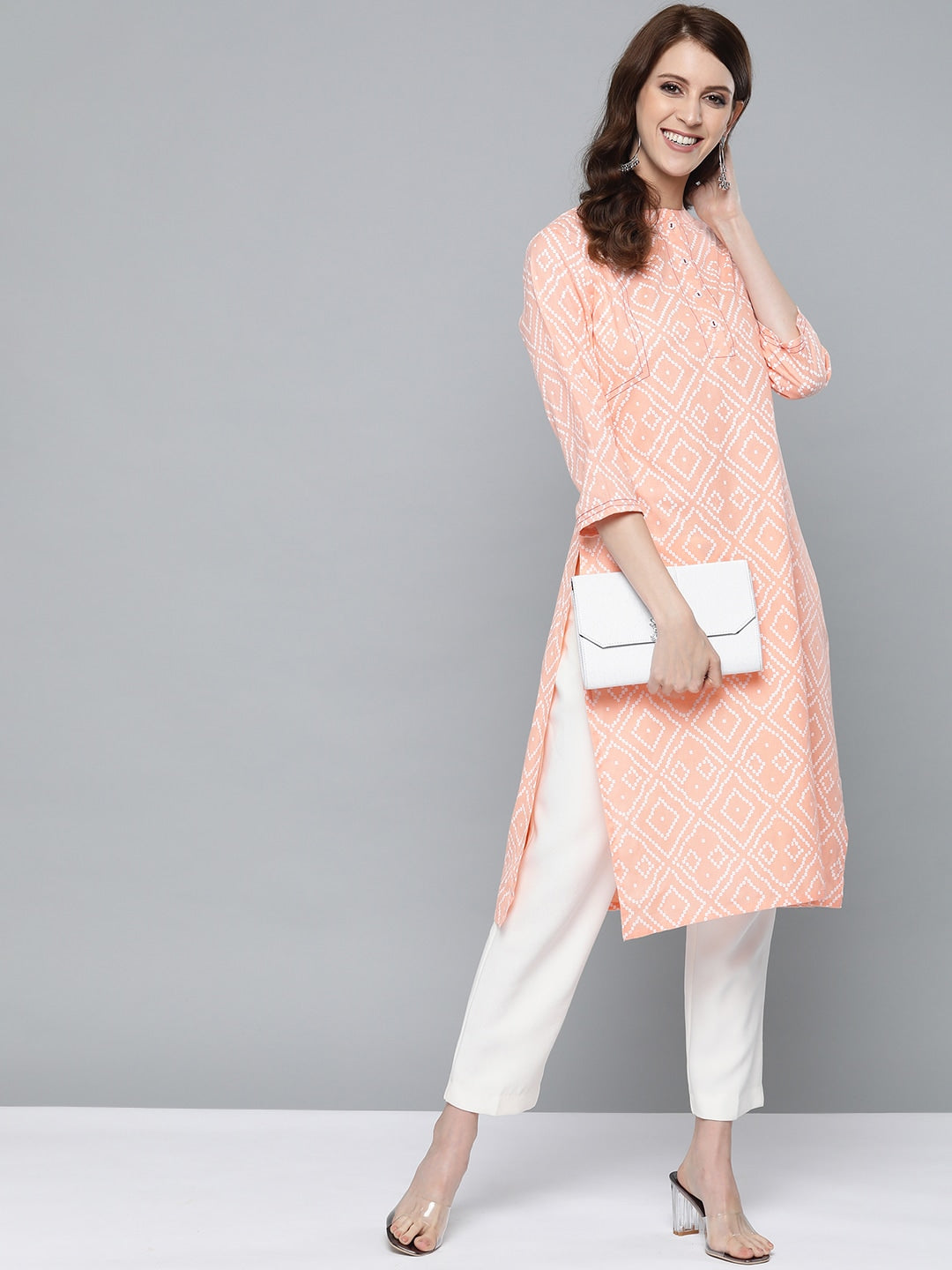 HERE&NOW Women Peach-Coloured & White Bandhani Print Straight Kurta | Grocsy