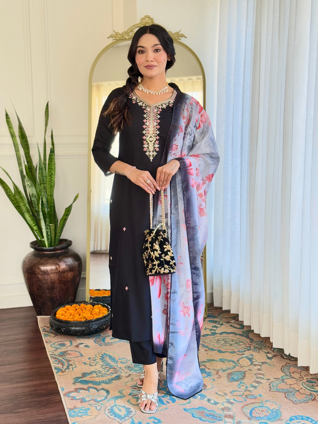 The52 Black Embroidered Viscose Chanderi Fabric Straight Kurta, Pant and Dupatta Set | Grocsy
