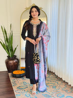The52 Black Embroidered Viscose Chanderi Fabric Straight Kurta, Pant and Dupatta Set | Grocsy