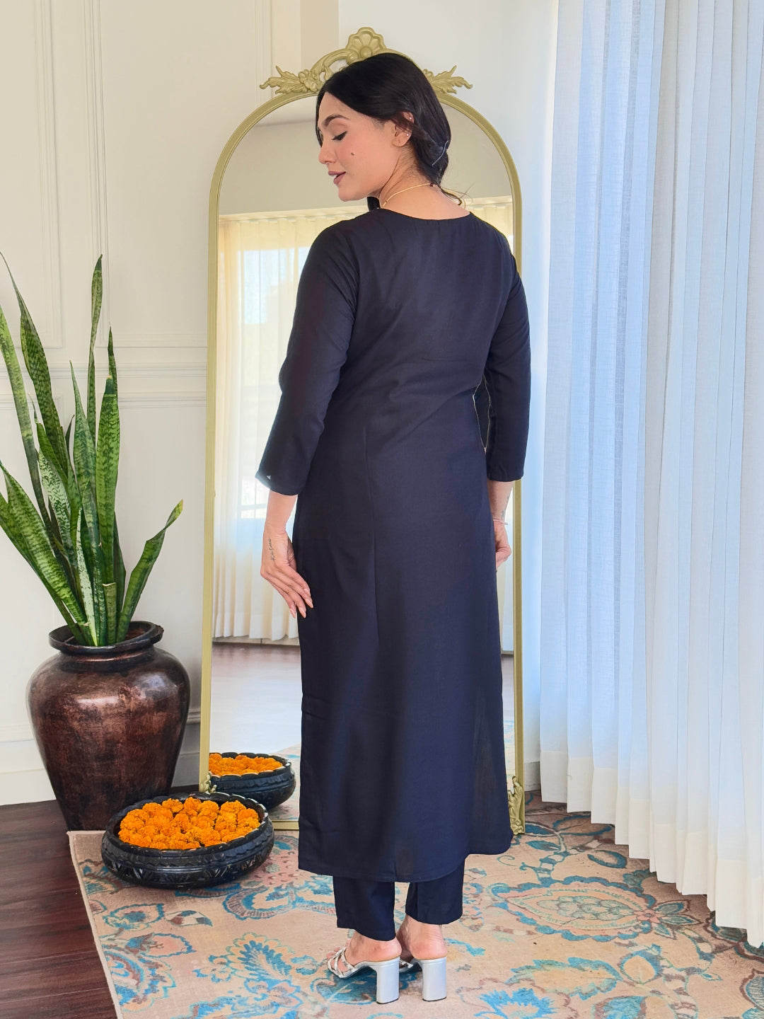 The52 Black Embroidered Viscose Chanderi Fabric Straight Kurta, Pant and Dupatta Set | Grocsy