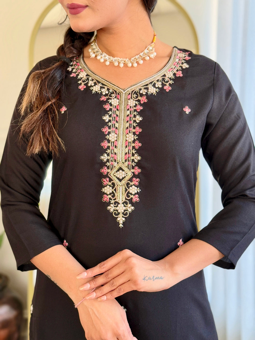 The52 Black Embroidered Viscose Chanderi Fabric Straight Kurta, Pant and Dupatta Set | Grocsy