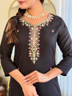 The52 Black Embroidered Viscose Chanderi Fabric Straight Kurta, Pant and Dupatta Set | Grocsy