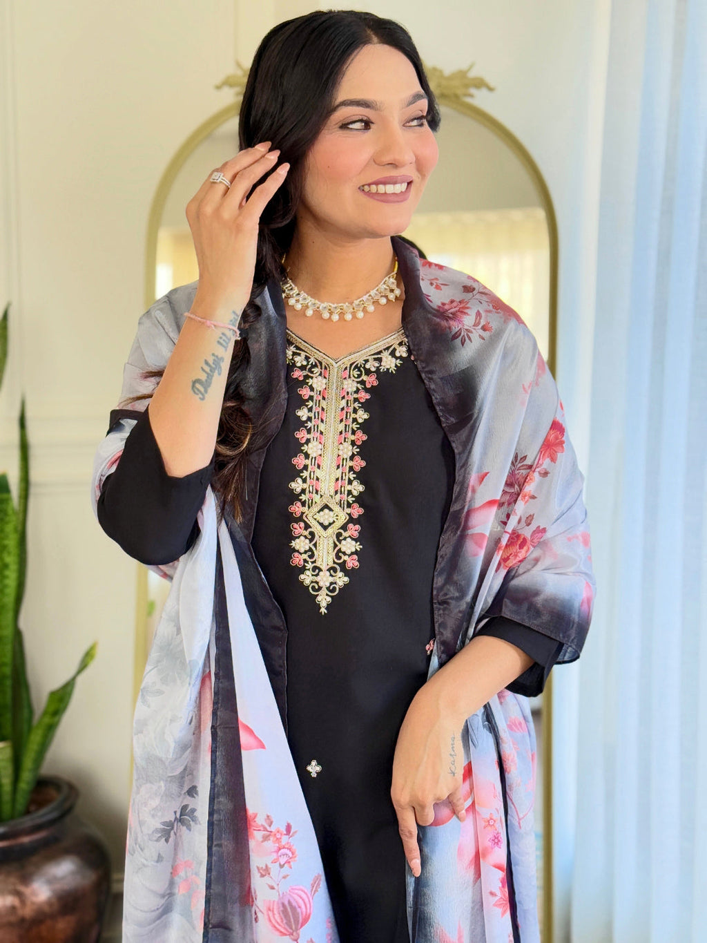 The52 Black Embroidered Viscose Chanderi Fabric Straight Kurta, Pant and Dupatta Set | Grocsy