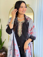 The52 Black Embroidered Viscose Chanderi Fabric Straight Kurta, Pant and Dupatta Set | Grocsy