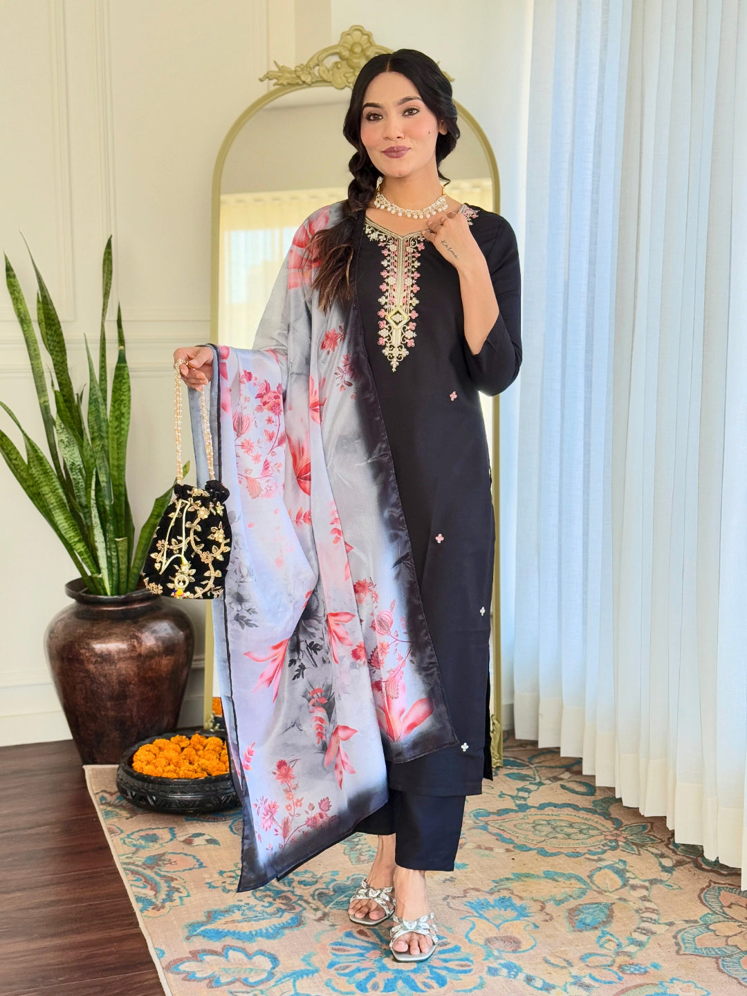 The52 Black Embroidered Viscose Chanderi Fabric Straight Kurta, Pant and Dupatta Set | Grocsy