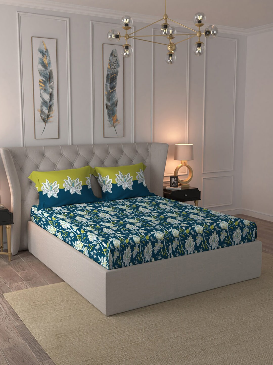 MYTRIDENT Blue White Floral Cotton 144 TC Queen Bedsheet With 2 Pillow Covers | Grocsy
