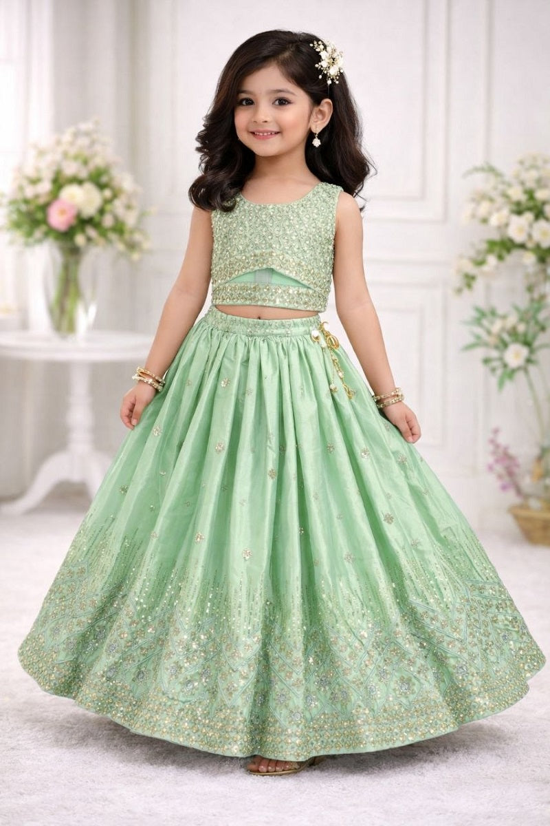 Evanik Pista Chinon Silk Embroidered Work Wedding Kids Lehenga Choli | Grocsy