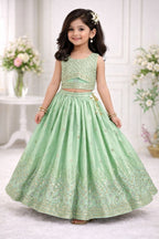 Evanik Pista Chinon Silk Embroidered Work Wedding Kids Lehenga Choli | Grocsy