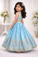 Evanik Skyblue Chinon Silk Embroidered Work Wedding Kids Lehenga Choli | Grocsy