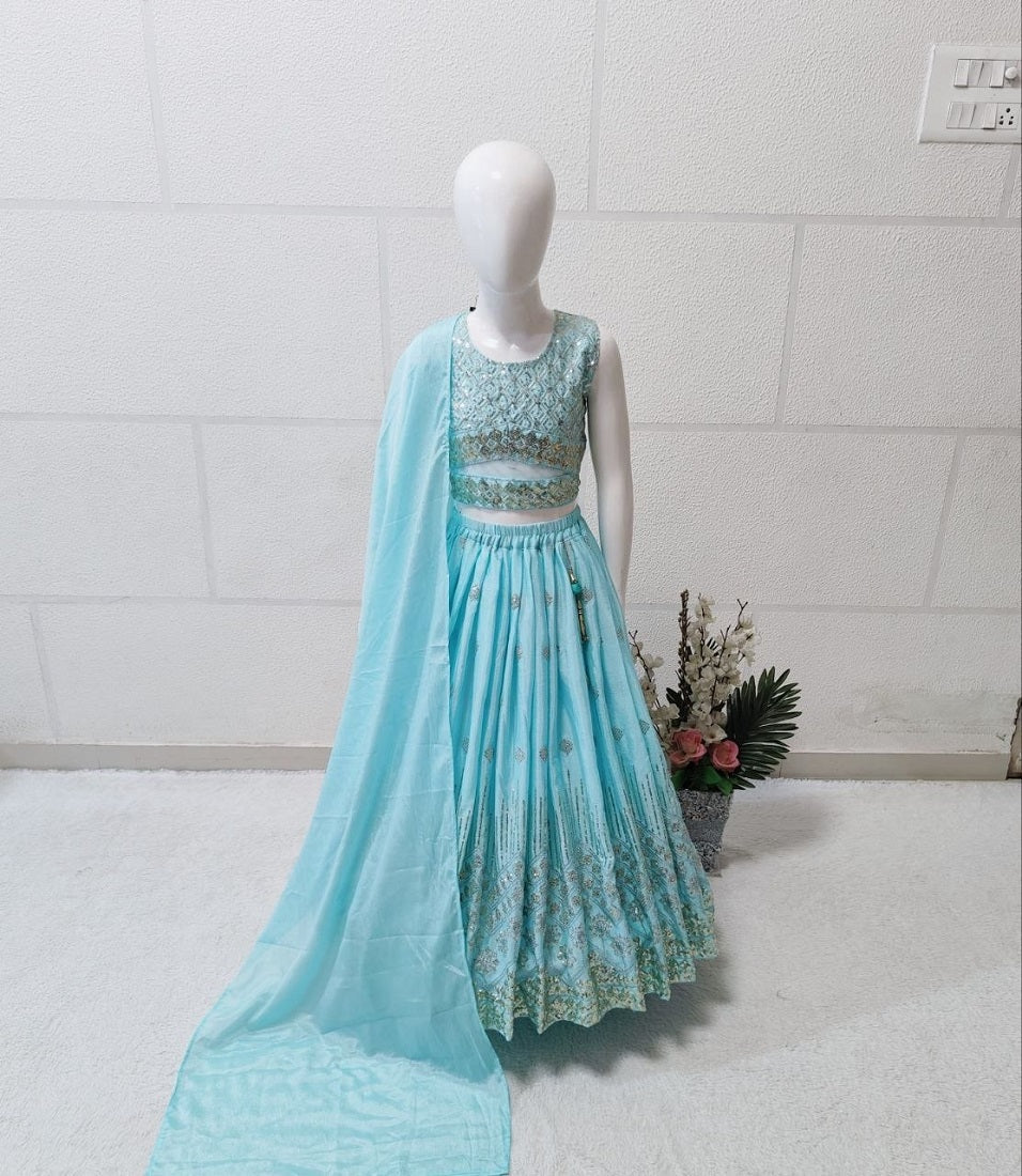 Evanik Skyblue Chinon Silk Embroidered Work Wedding Kids Lehenga Choli | Grocsy