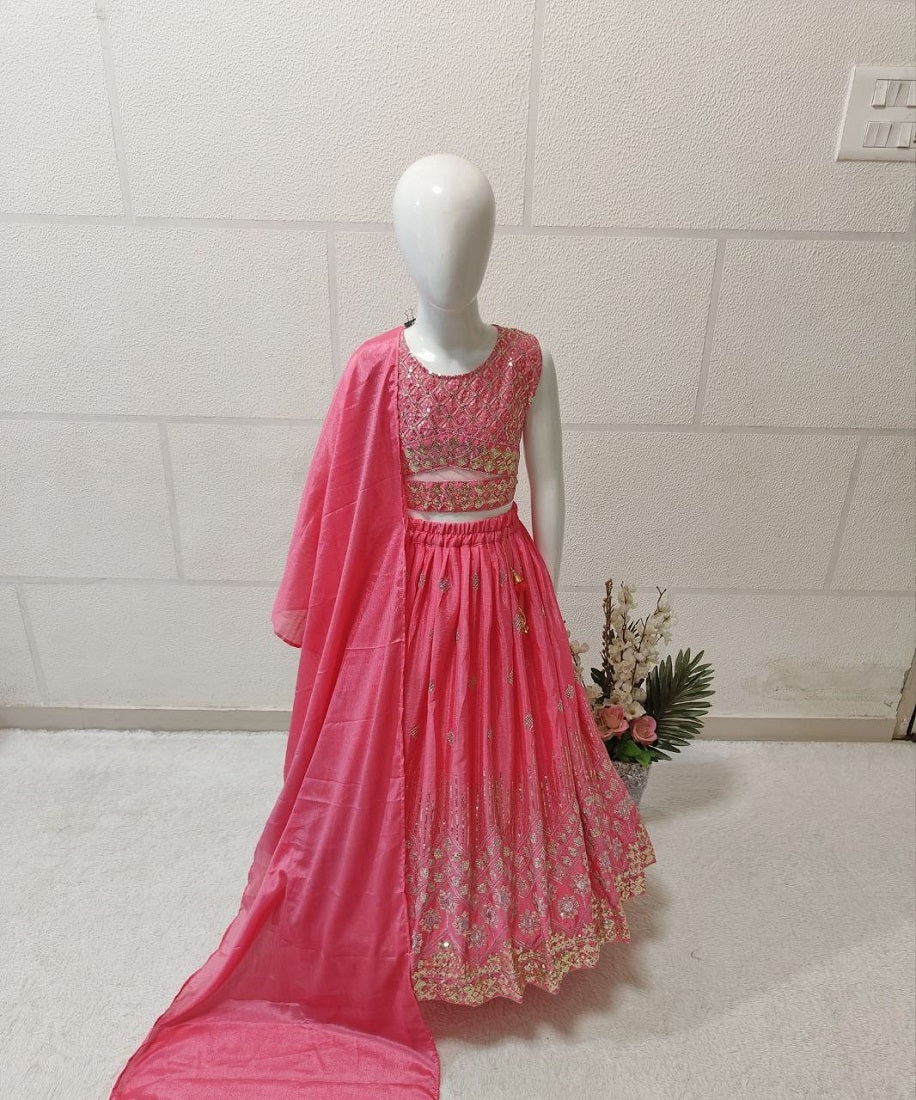 Evanik Pink Chinon Silk Embroidered Work Wedding Kids Lehenga Choli | Grocsy