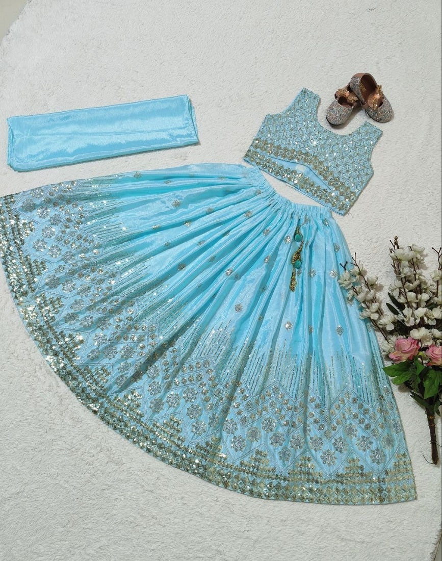 Evanik Skyblue Chinon Silk Embroidered Work Wedding Kids Lehenga Choli | Grocsy