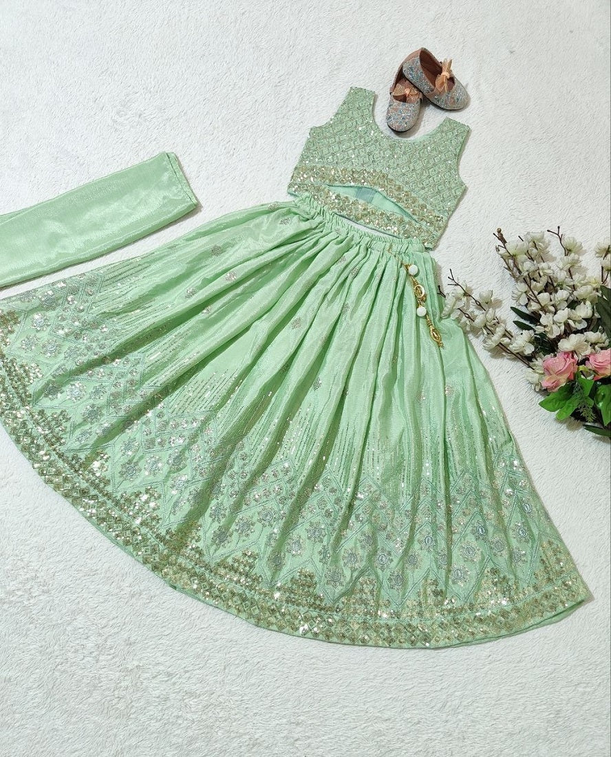 Evanik Pista Chinon Silk Embroidered Work Wedding Kids Lehenga Choli | Grocsy