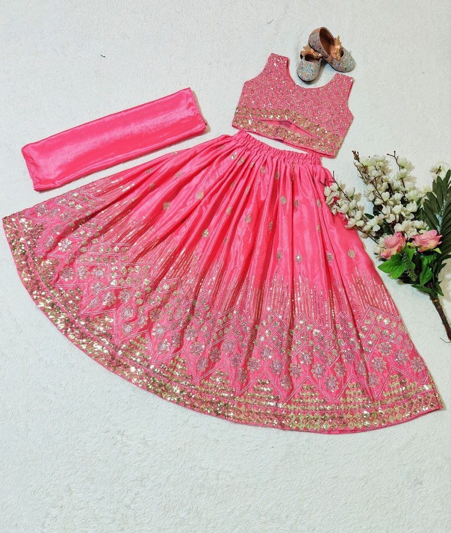 Evanik Pink Chinon Silk Embroidered Work Wedding Kids Lehenga Choli | Grocsy