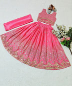 Evanik Pink Chinon Silk Embroidered Work Wedding Kids Lehenga Choli | Grocsy