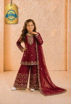 Evanik Maroon Designer Party Wear Heavy Silk Kids Top Sharara & Dupatta Set | Grocsy