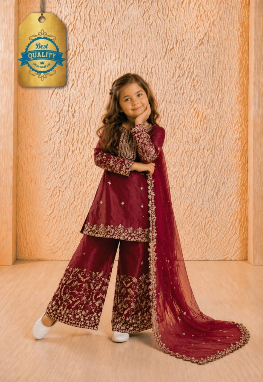 Evanik Maroon Designer Party Wear Heavy Silk Kids Top Sharara & Dupatta Set | Grocsy