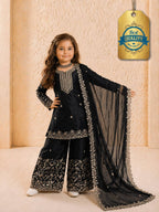 Evanik Black Designer Party Wear Heavy Silk Kids Top Sharara & Dupatta Set | Grocsy