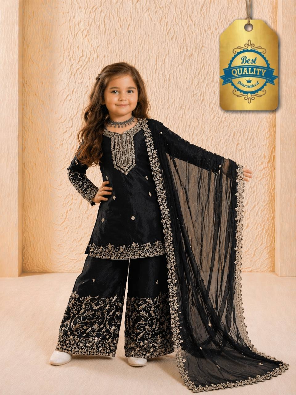 Evanik Black Designer Party Wear Heavy Silk Kids Top Sharara & Dupatta Set | Grocsy
