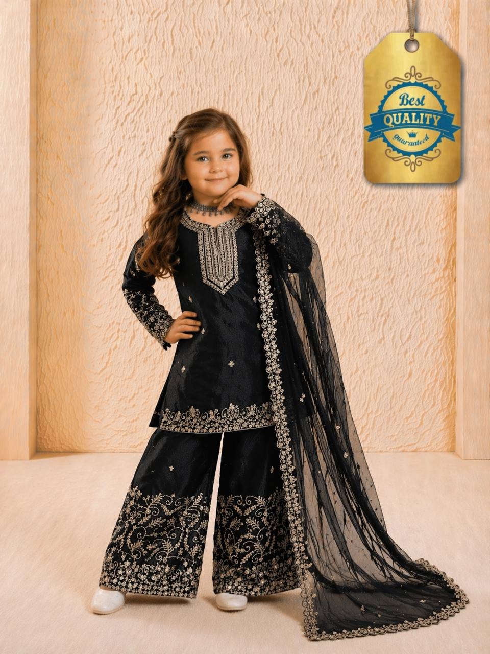 Evanik Black Designer Party Wear Heavy Silk Kids Top Sharara & Dupatta Set | Grocsy