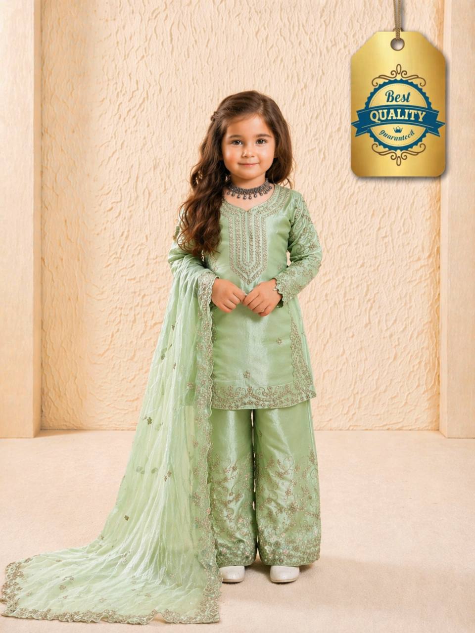 Evanik Green Designer Party Wear Heavy Silk Kids Top Sharara & Dupatta Set | Grocsy