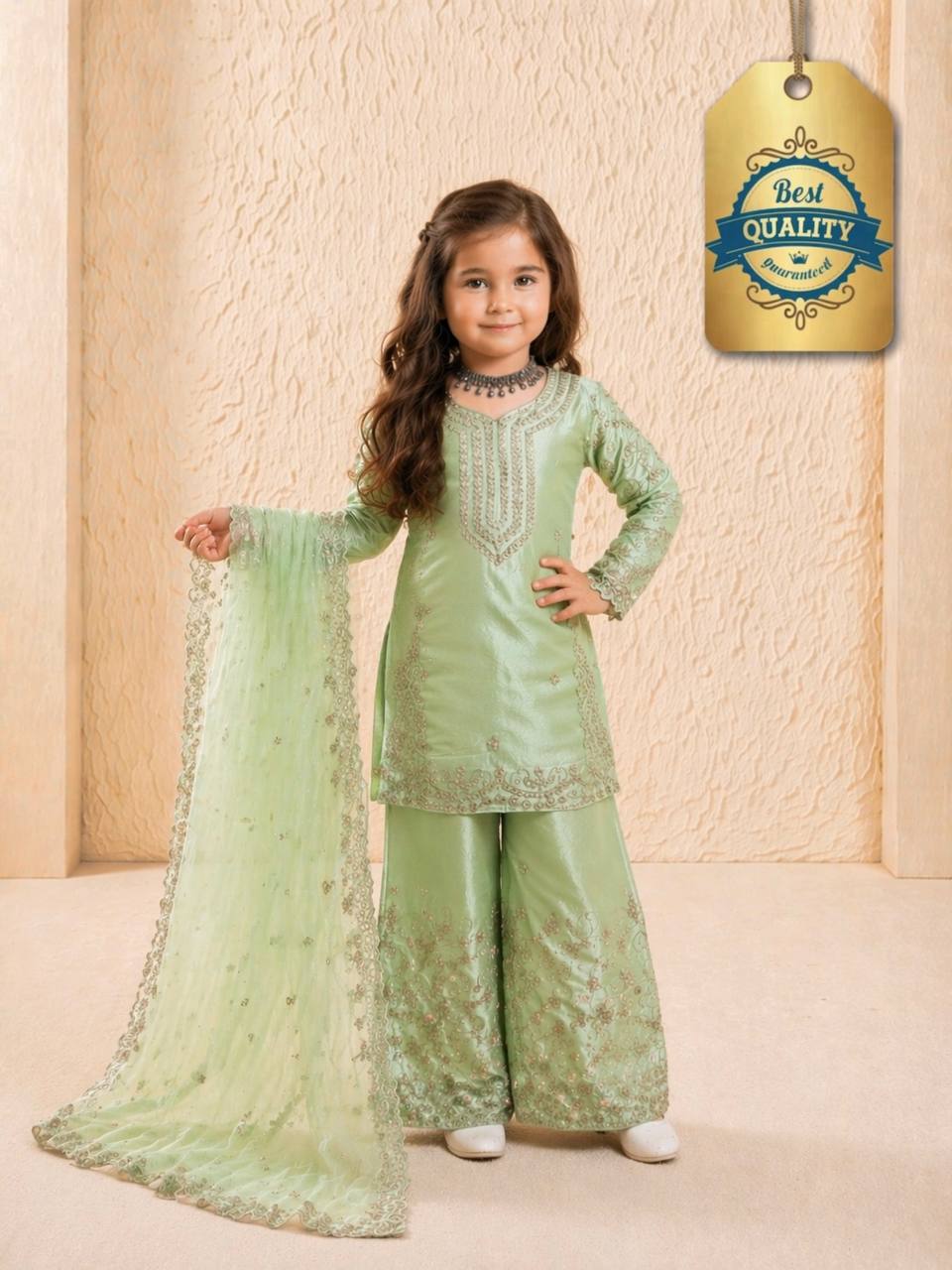 Evanik Green Designer Party Wear Heavy Silk Kids Top Sharara & Dupatta Set | Grocsy